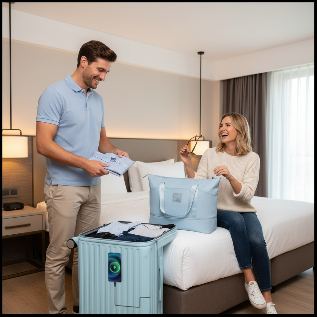 Couple unpacking in hotel