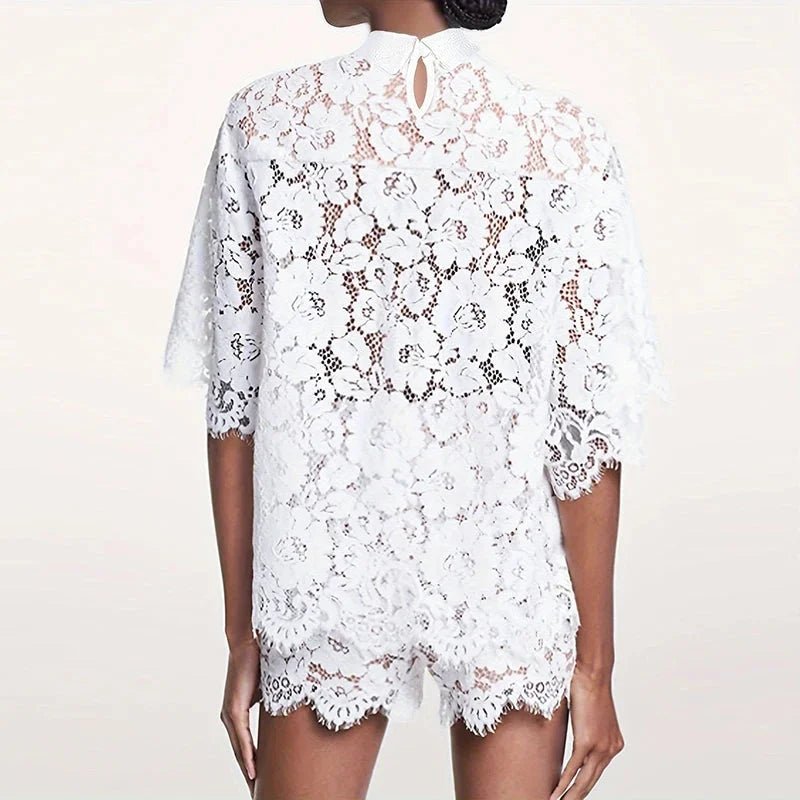 Women's summer crochet outfit with lace top and matching shorts
