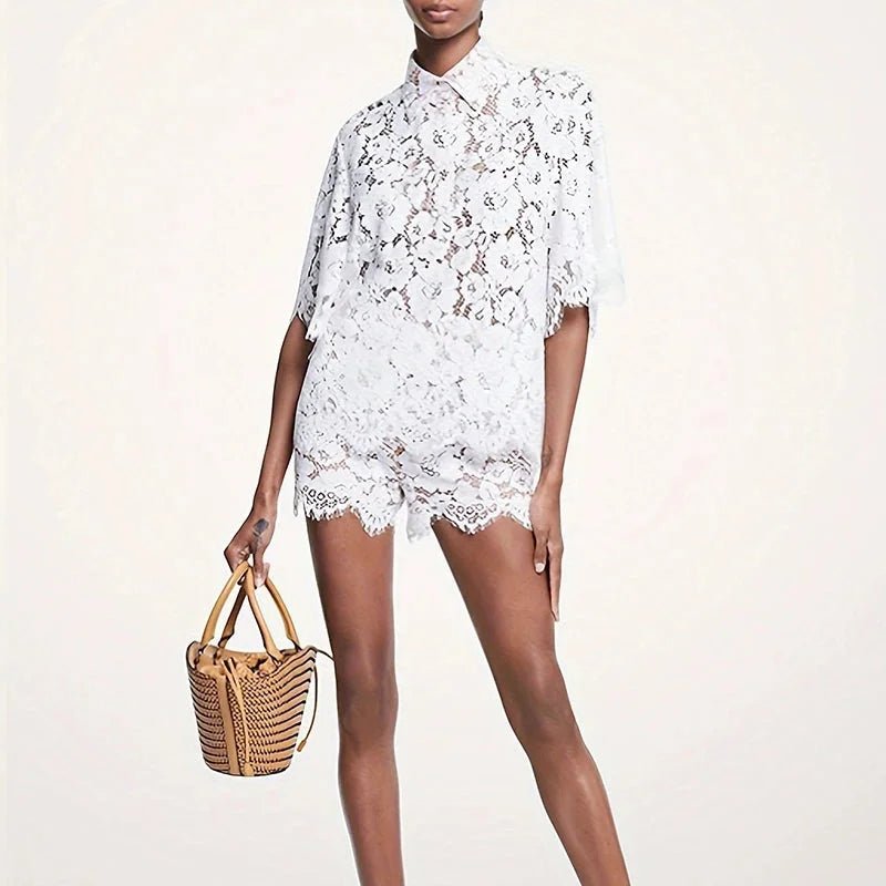 Crochet lace 2-piece set with polo neck top and shorts