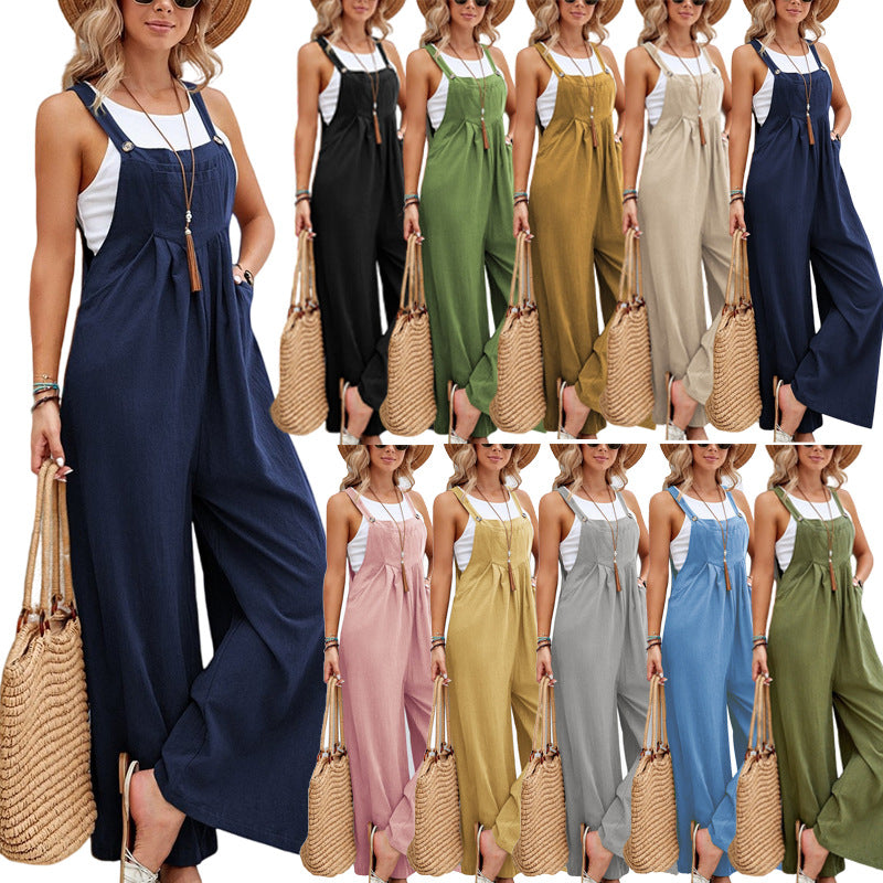 Women Long Bib Pants Overalls Casual Loose Rompers Jumpsuits With Pockets - HalleBeauty