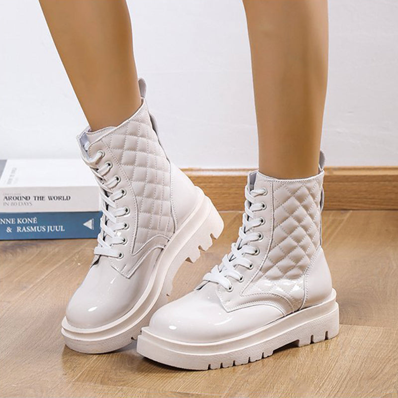 Chic Quilted Ankle Boots for Women: Winter Fashion Lace-Up Platform with Thick Heel - HalleBeauty