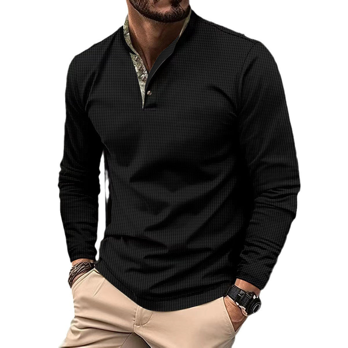 Men’s Double-Layer Lapel Polo Shirt - Waffle Long-Sleeved Fashion Top