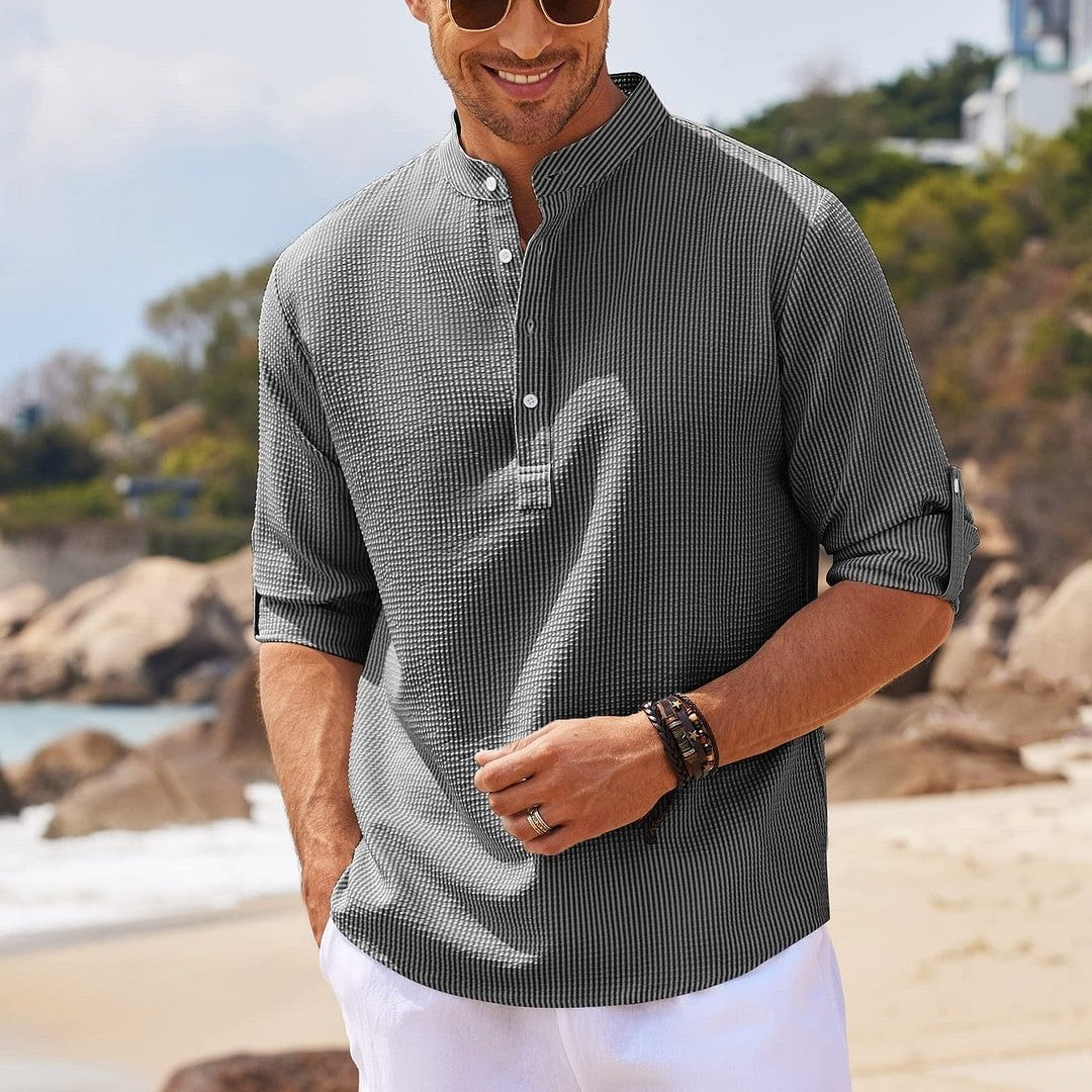 Men's Stand Collar Shirt - Casual Solid Color Long Sleeve