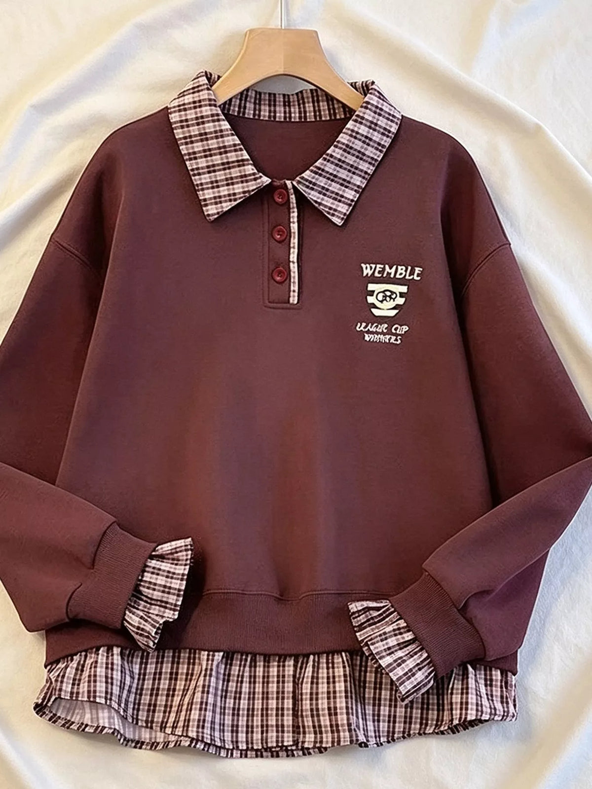 Plaid Collared Faux-Layered Hem Sweatshirt