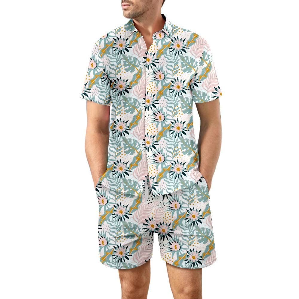 Printed Summer Beach Suit for Men - Loose Lapel Shirt and Pocket Shorts