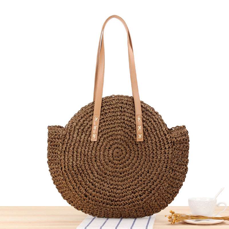 Colorful Large Disc Straw Woven Bag: Casual One-Shoulder Fashion for Women - HalleBeauty