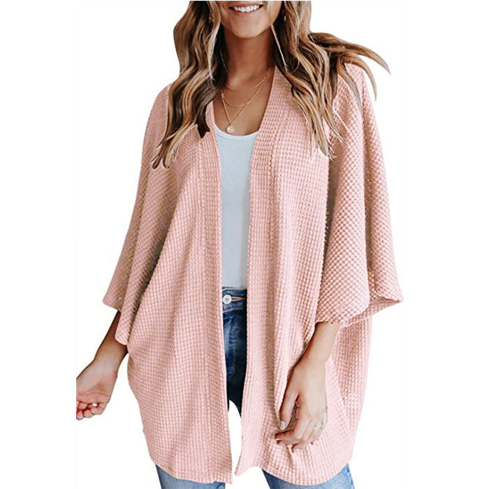 Bat Sleeve Waffle Knit Women's Cardigan | Stylish & Cozy Layering Piece