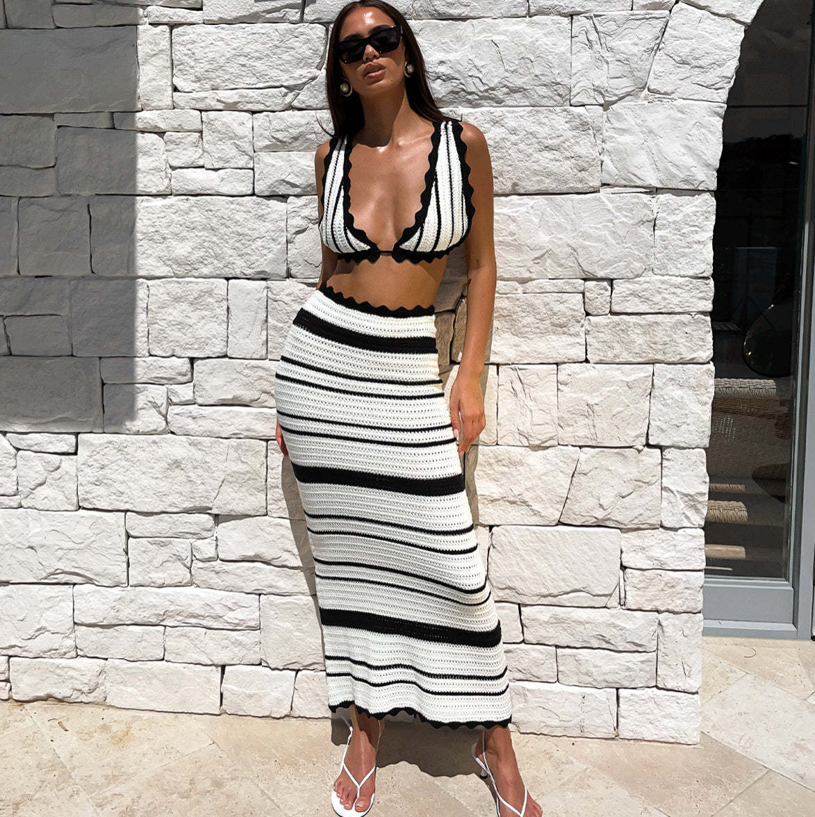 Beach-Ready Striped Bikini and Long Dress Combo