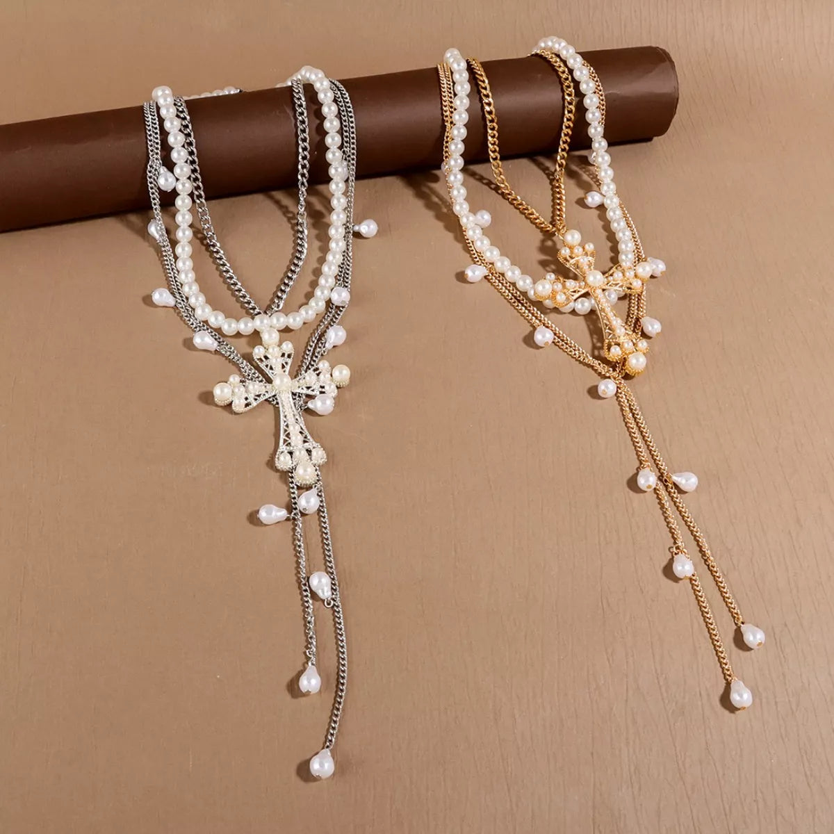 Pearl Cross Pendant Necklace 3-Piece Set | Hallebeauty