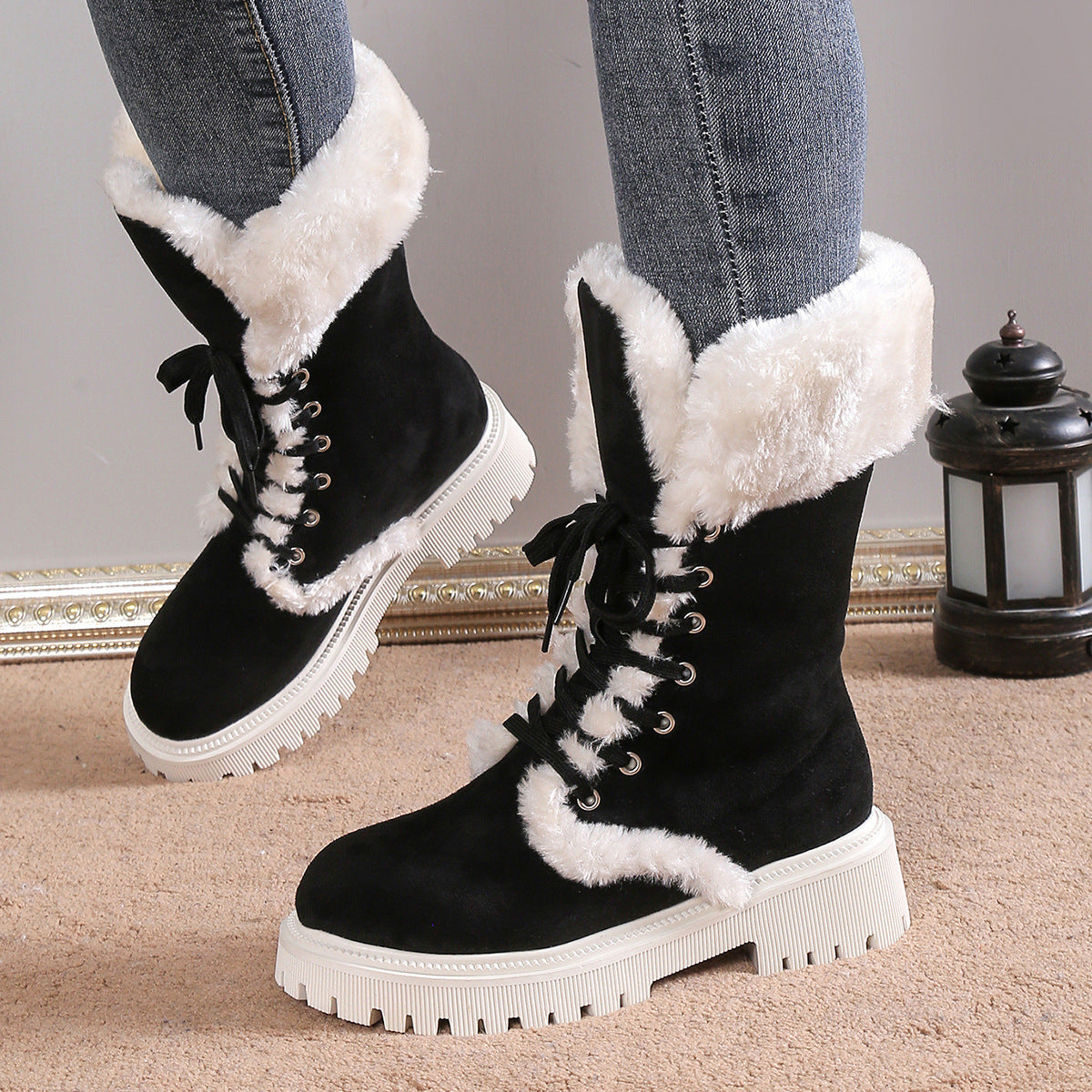 Women’s Lace-Up Mid-Tube Snow Boots - Warm Fleece Chunky Heel Shoes