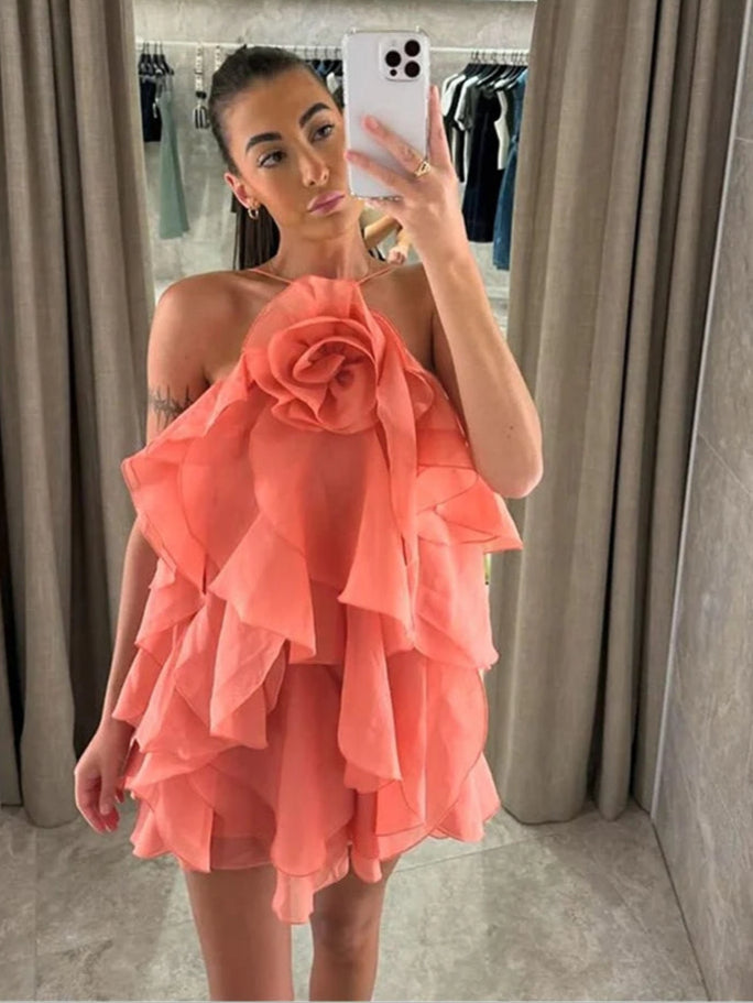 3D Flower Halter Dress - Chic Cascading Ruffle Mini