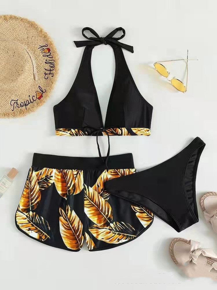 3-Piece Leaf Print Bikini Set with Shorts - Women's Fashion Beachwear