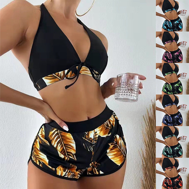 3-Piece Leaf Print Bikini Set - Women's Fashion Beachwear