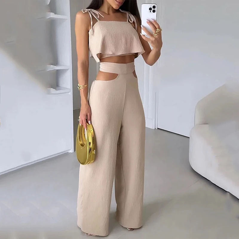 Ladies' Trendy Solid Sling Top with Hollow-Out Trousers Suit - HalleBeauty