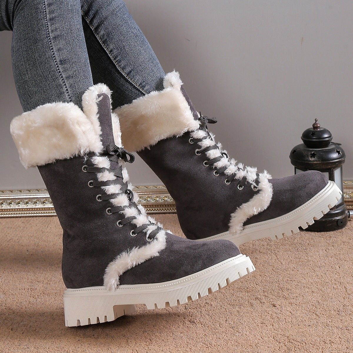 Women’s Lace-Up Mid-Tube Snow Boots - Warm Fleece Chunky Heel Shoes