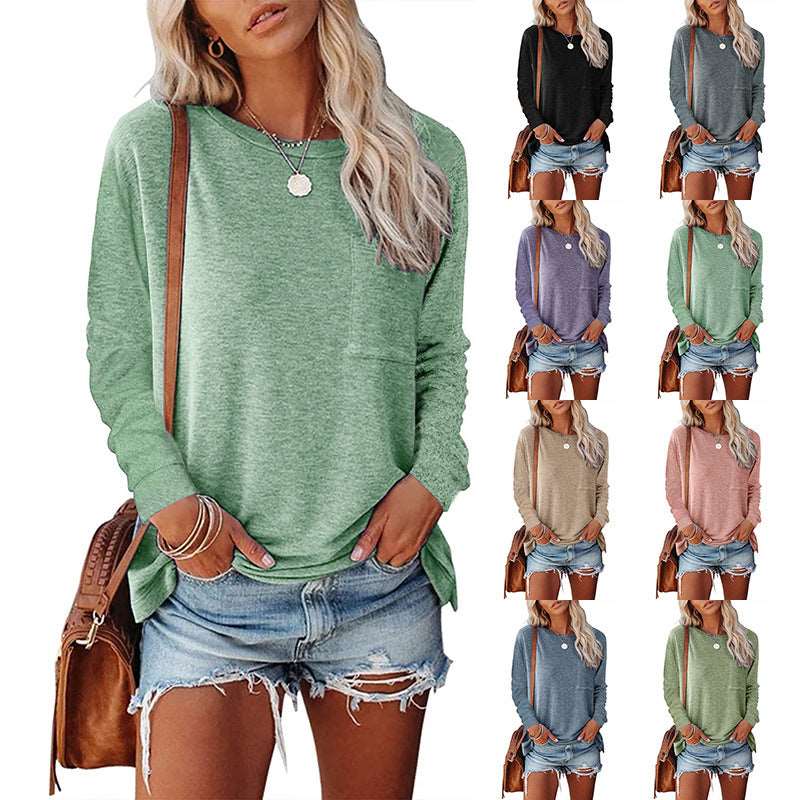 Pocket Split Long-Sleeved Casual T-shirt | Stylish & Comfortable Basic