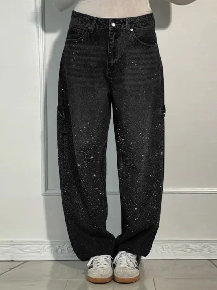 Rhinestone Baggy Jeans Women – Wide Leg Dragging Denim