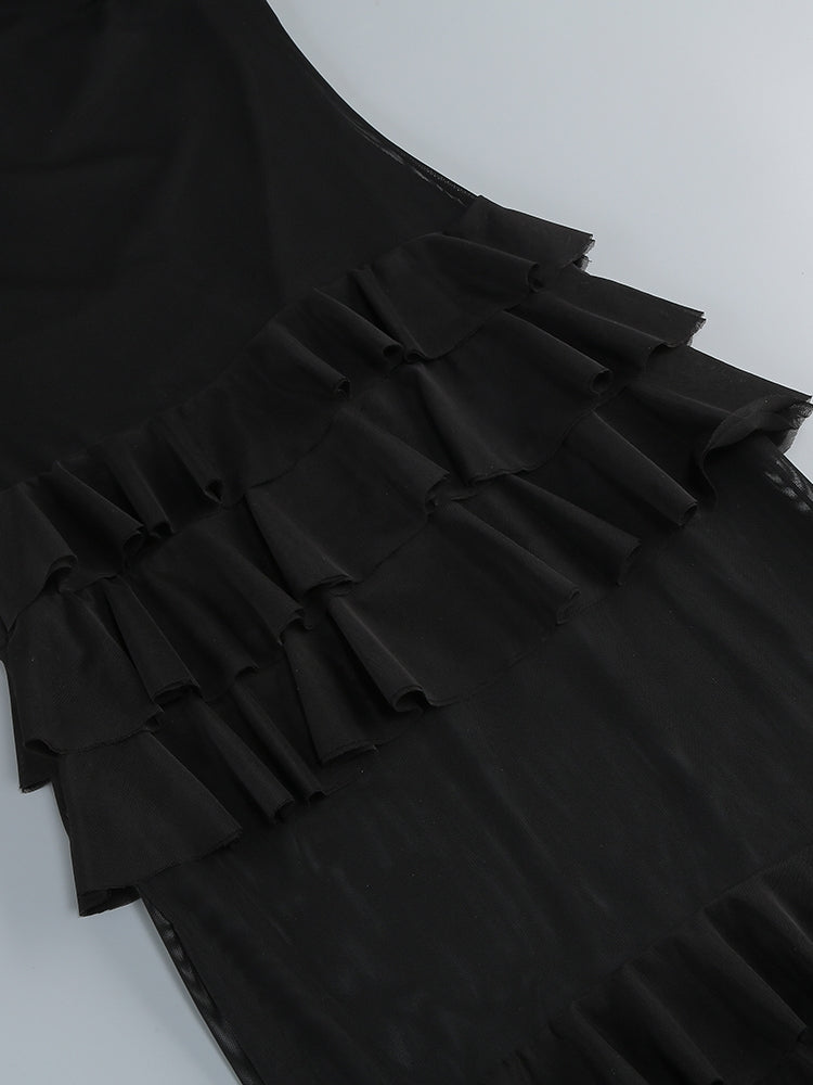 Strapless Ruffled Black Maxi Dress – Elegant & Bold