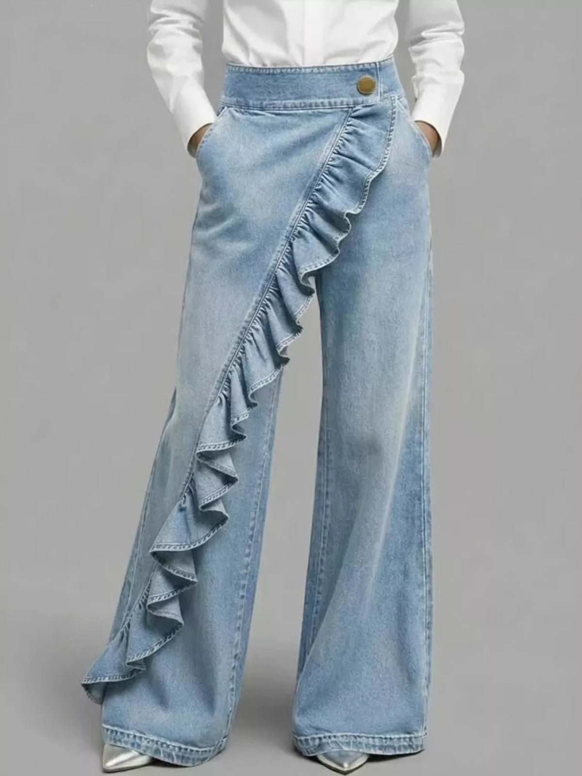 Plus Size Ruffled Wide-Leg Jeans | Hallebeauty