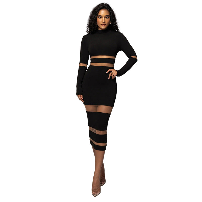 Mesh Patchwork Turtleneck Long Dress: High Waist Slim Fit - HalleBeauty