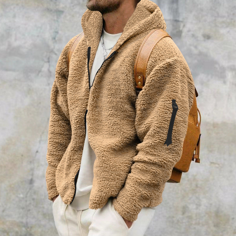 Men’s Plush Hooded Fleece Jacket - Double-Sided Wear Warm Casual Coat