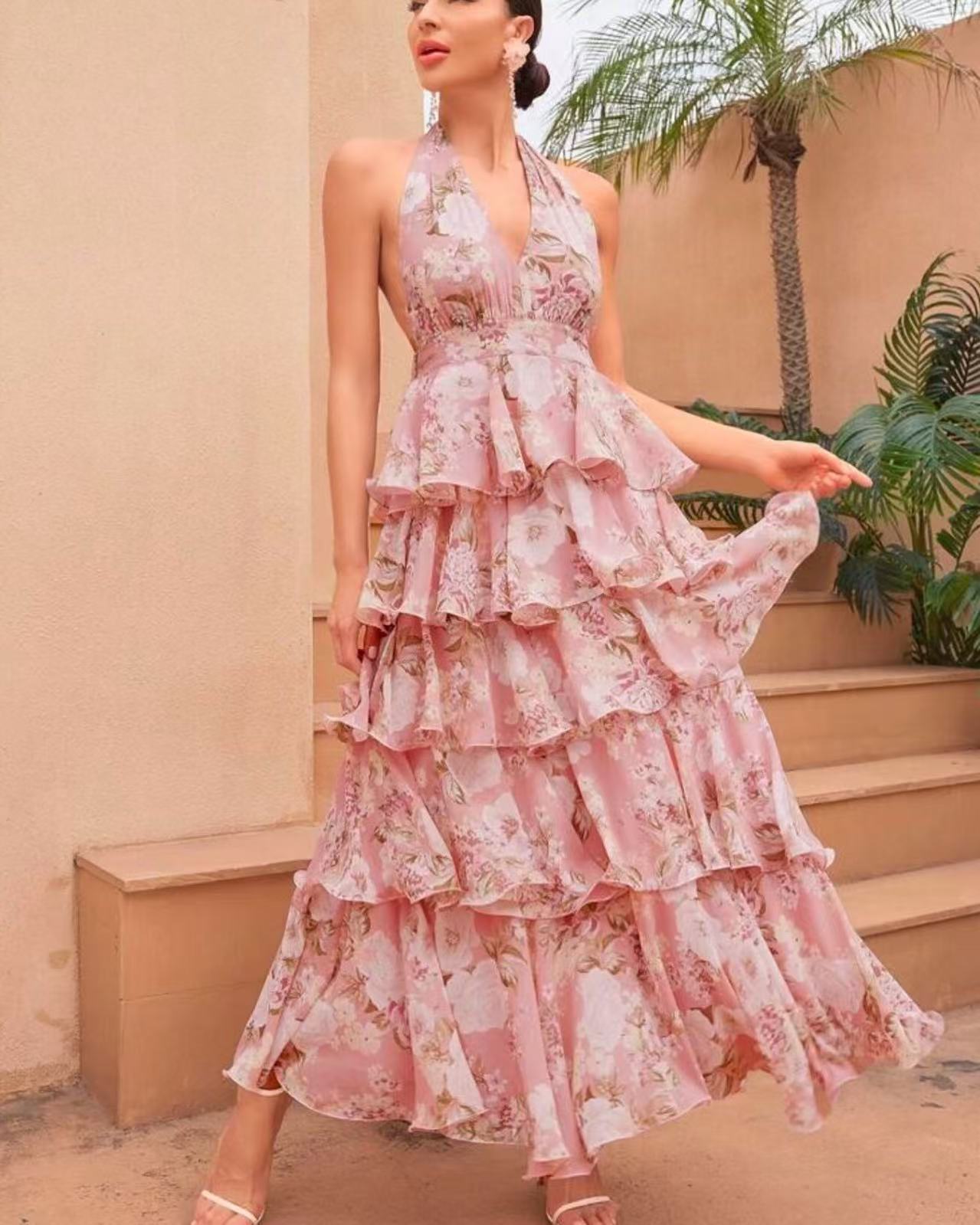 Women's Floral Halter Neck Chiffon Dress | S–XL