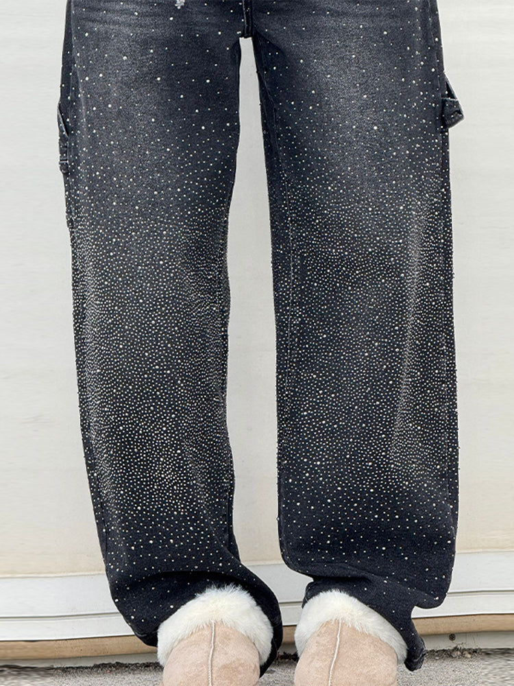 Rhinestone Baggy Jeans Women – Wide Leg Dragging Denim