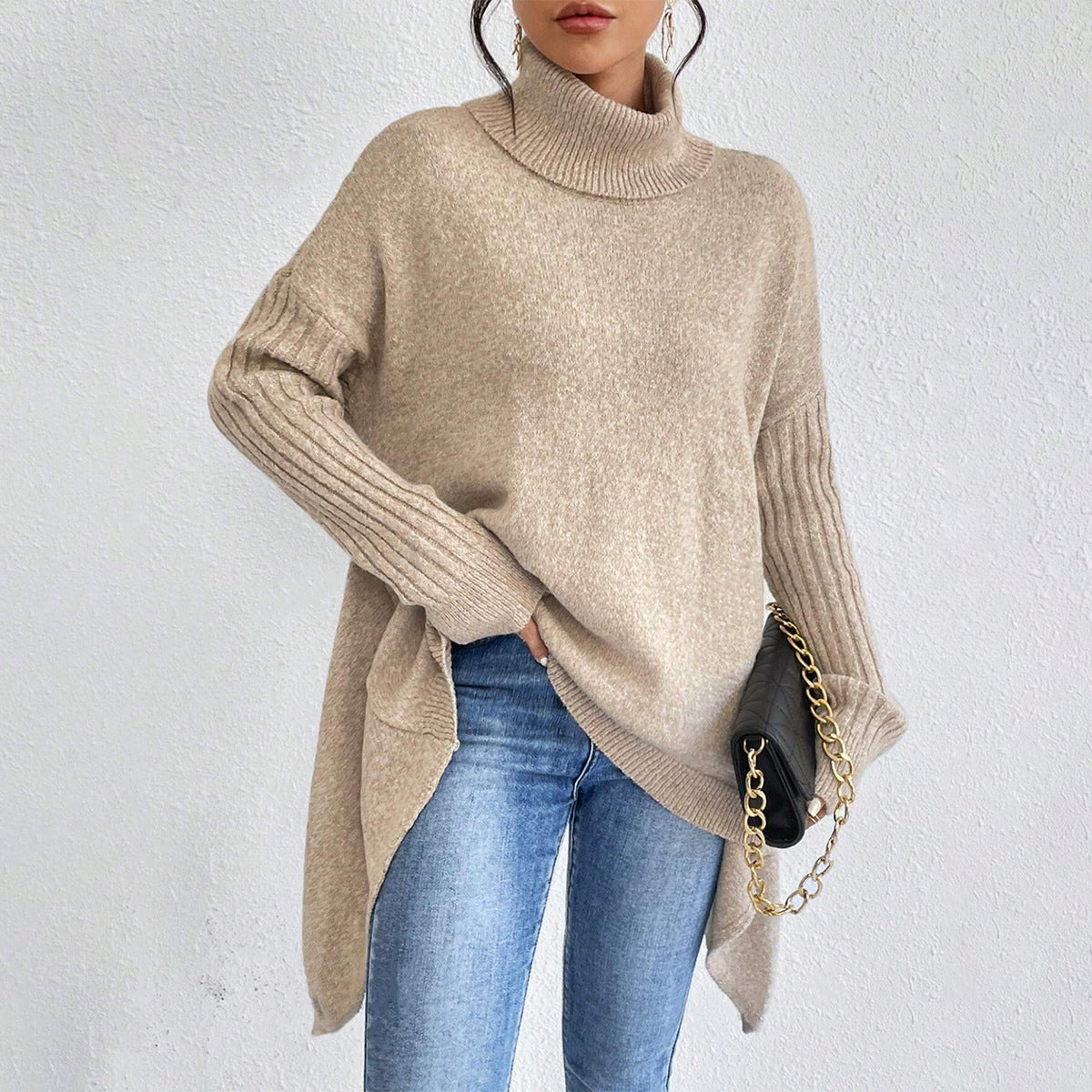 Loose-Fit Irregular Turtleneck Sweater | Hallebeauty