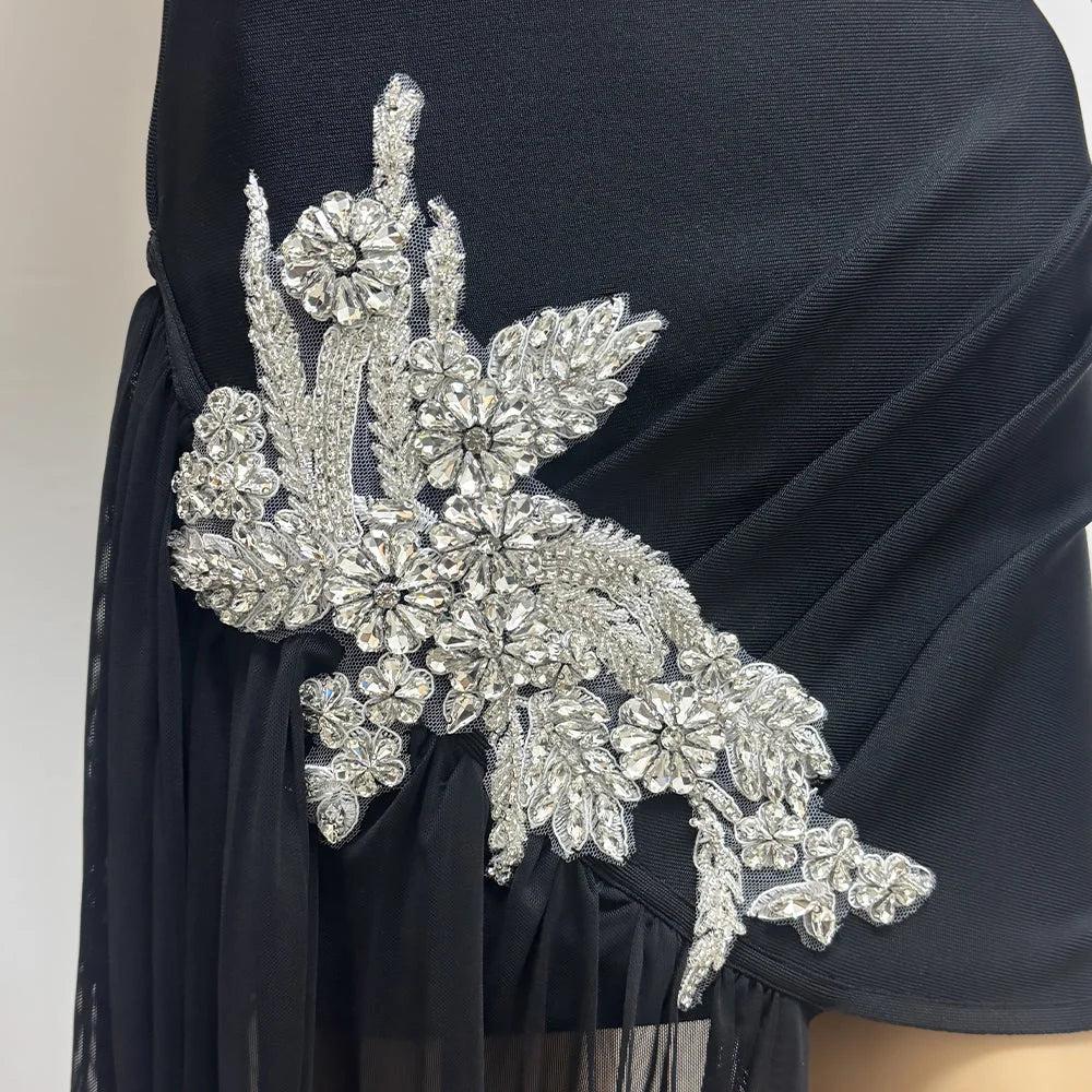 Elegant Black High - Low Dress with Appliques - HalleBeauty