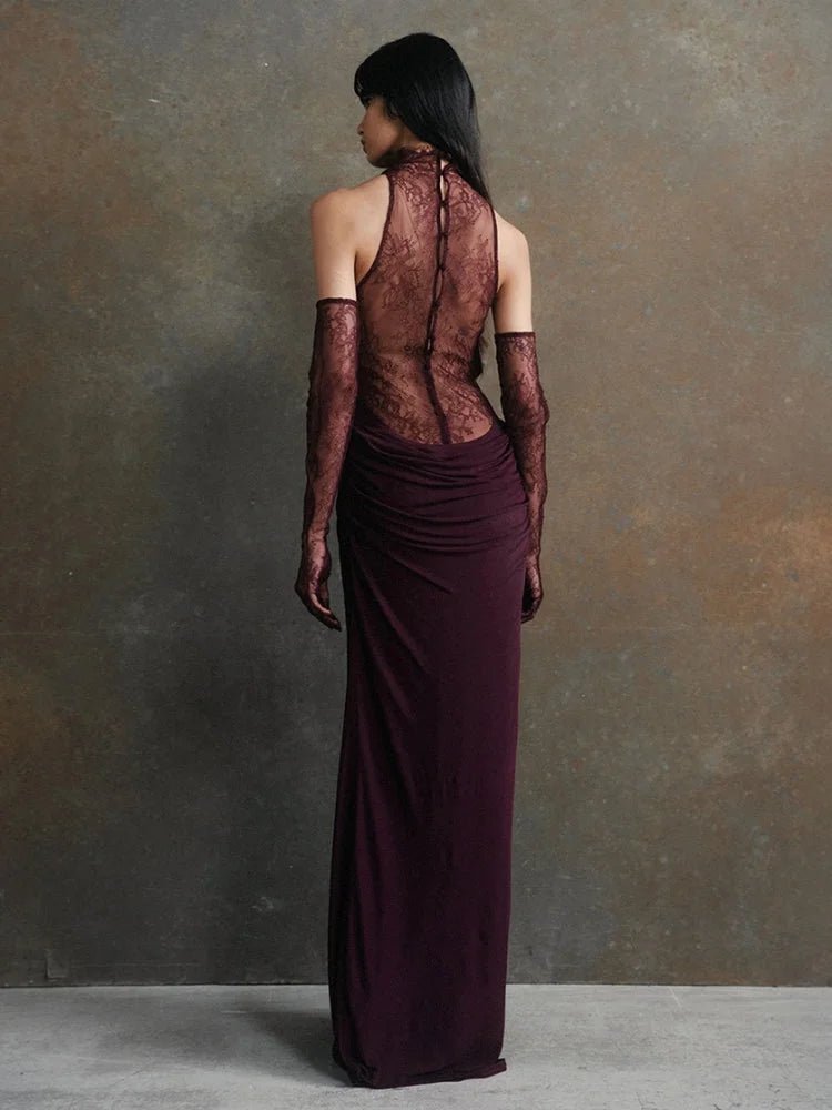 Elegant Lace Turtleneck Evening Dress - HalleBeauty