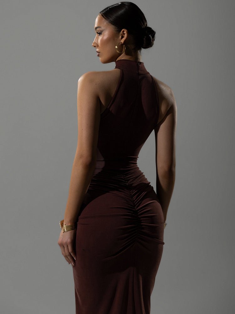 Elegant Ruched Halter Maxi Dress - HalleBeauty