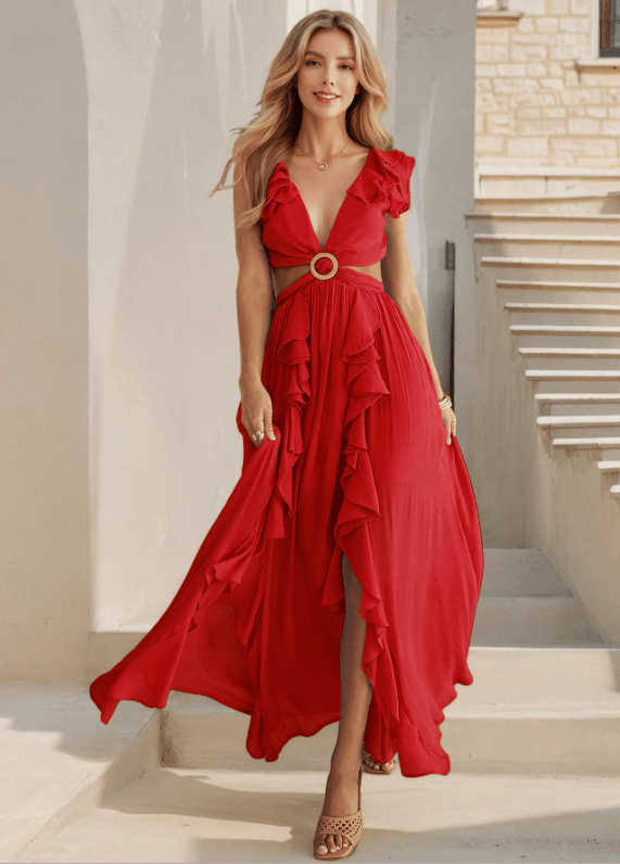 Elegant Ruffle Beach Dress - Flowy Summer Cover - Up - HalleBeauty