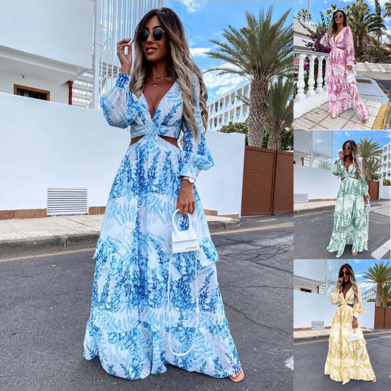 Elegant V - Neck Long - Sleeve Floral Print Maxi Dress for Women - HalleBeauty