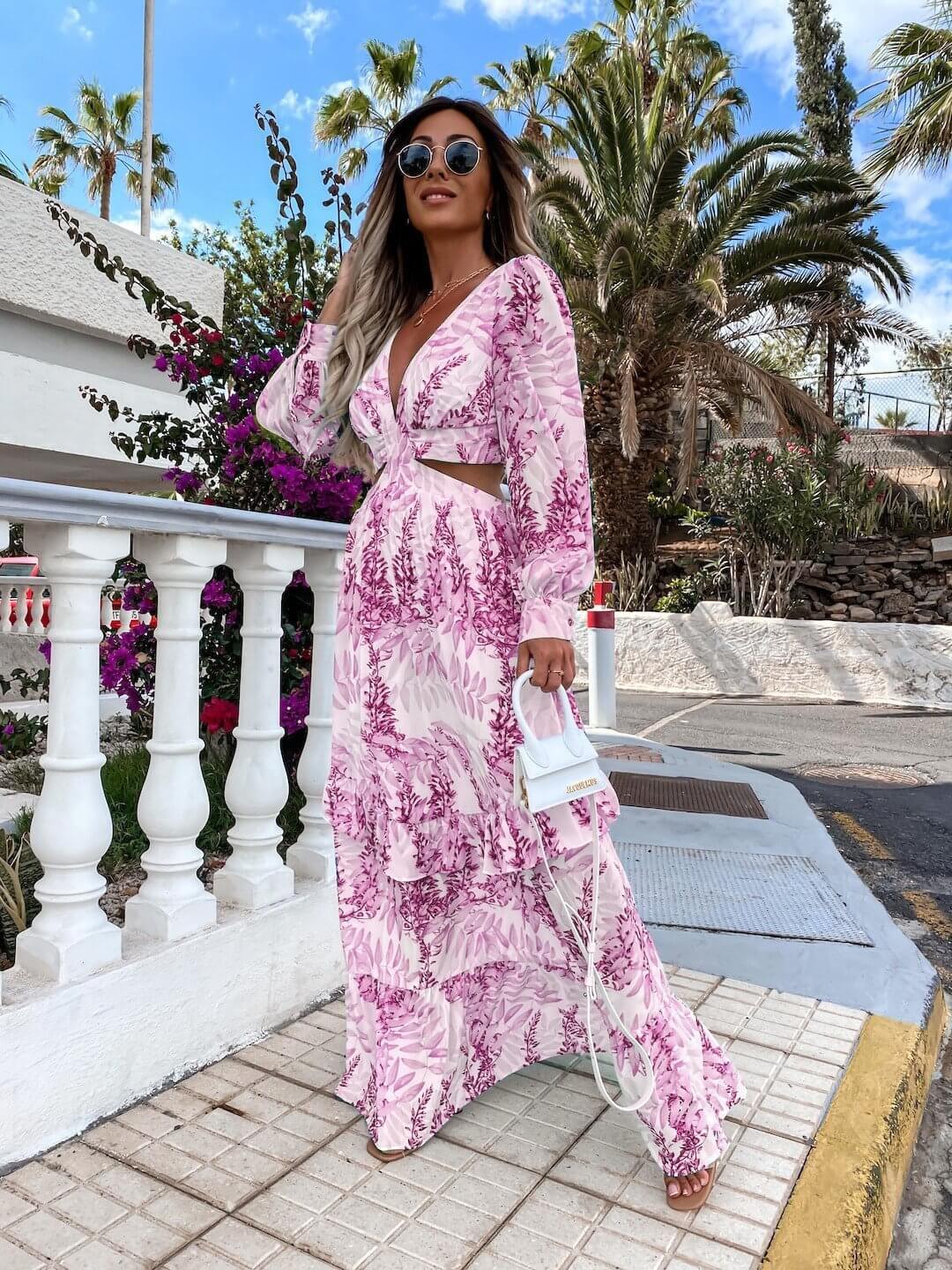 Elegant V - Neck Long - Sleeve Floral Print Maxi Dress for Women - HalleBeauty