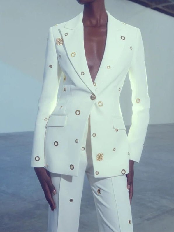 Elegant White Blazer and Pants Set - HalleBeauty