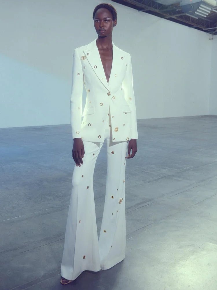Elegant White Blazer and Pants Set - HalleBeauty