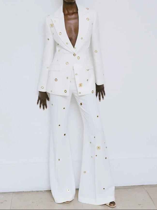 Elegant White Blazer and Pants Set - HalleBeauty