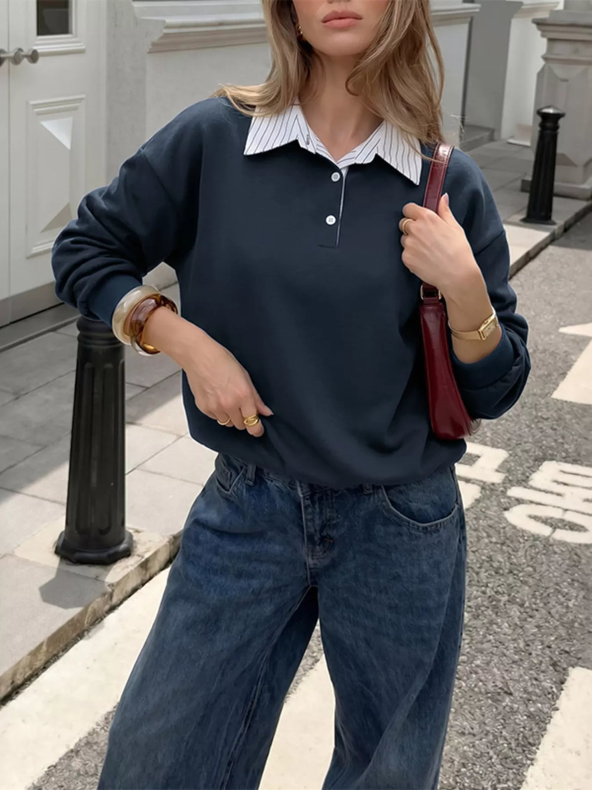 Button Detail Dropped Shoulder Sweatshirt | Hallebeauty