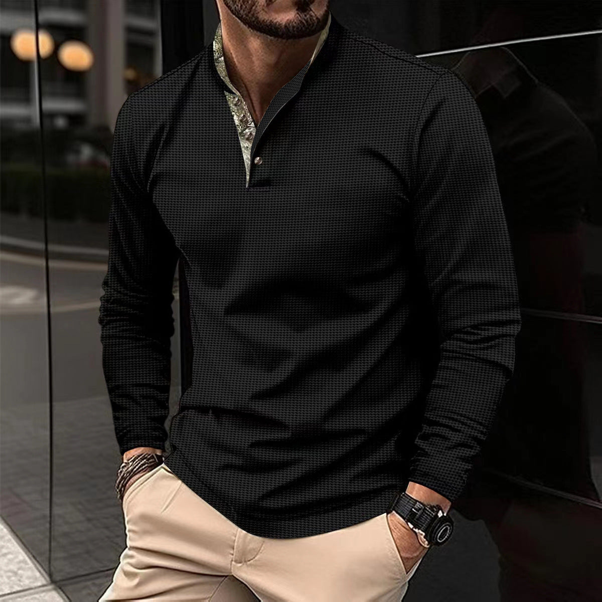 Men’s Double-Layer Lapel Polo Shirt - Waffle Long-Sleeved Fashion Top