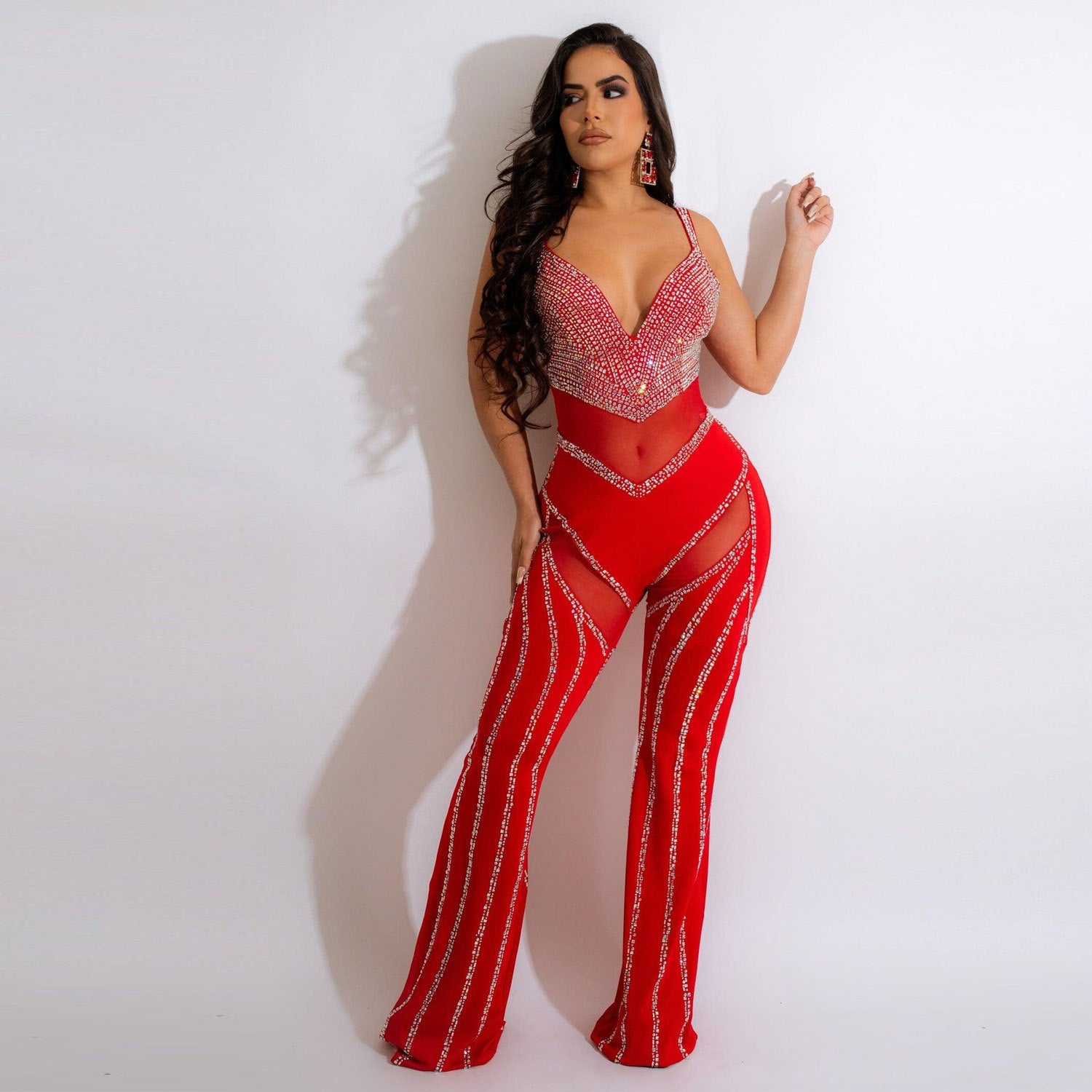 Women's Sheer Deep V Rhinestone Jumpsuit