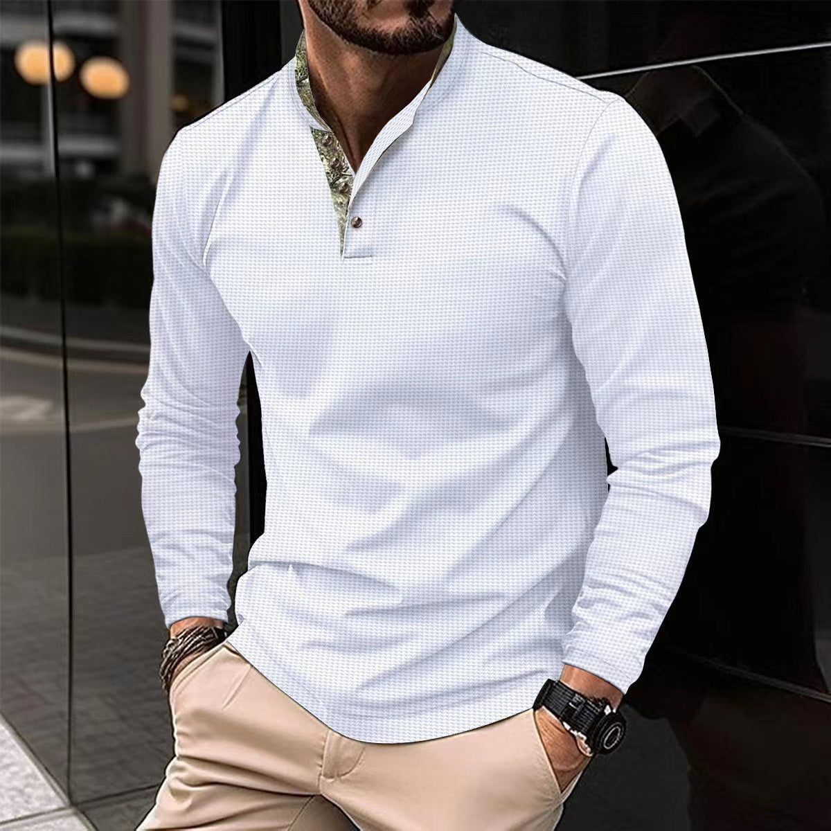 Men’s Double-Layer Lapel Polo Shirt - Waffle Long-Sleeved Fashion Top