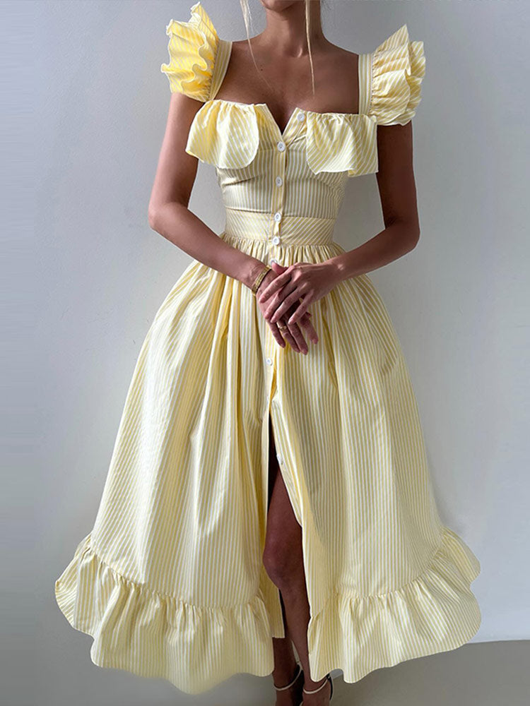Flounce Sleeve Striped Maxi Dress