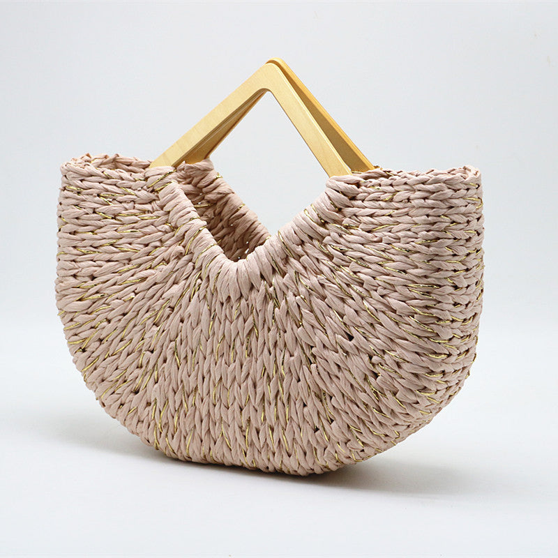 Straw Moon Bag with Wooden Handle - Handcrafted Elegance