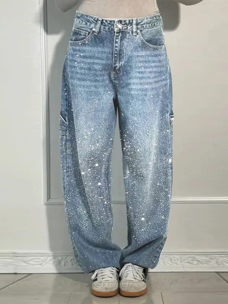 Rhinestone Baggy Jeans Women – Wide Leg Dragging Denim
