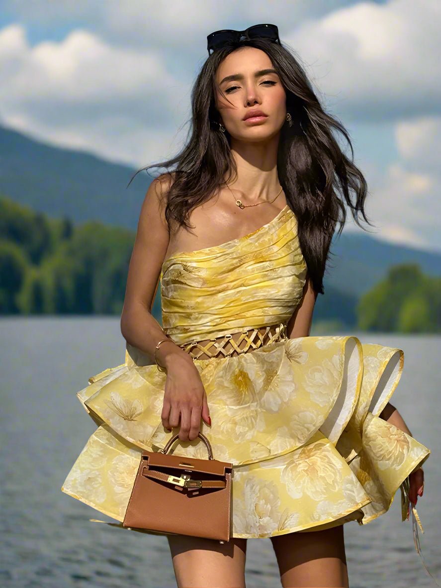 Floral One - Shoulder Dress - Hollow Out Ruffle Hem A - Line - HalleBeauty