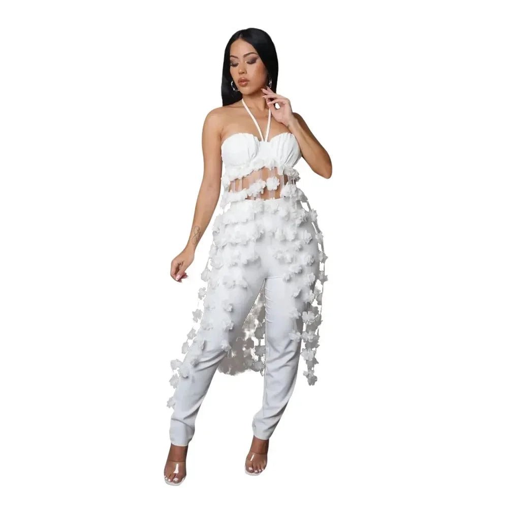 Floral Tassel Halter Tracksuit Set - HalleBeauty