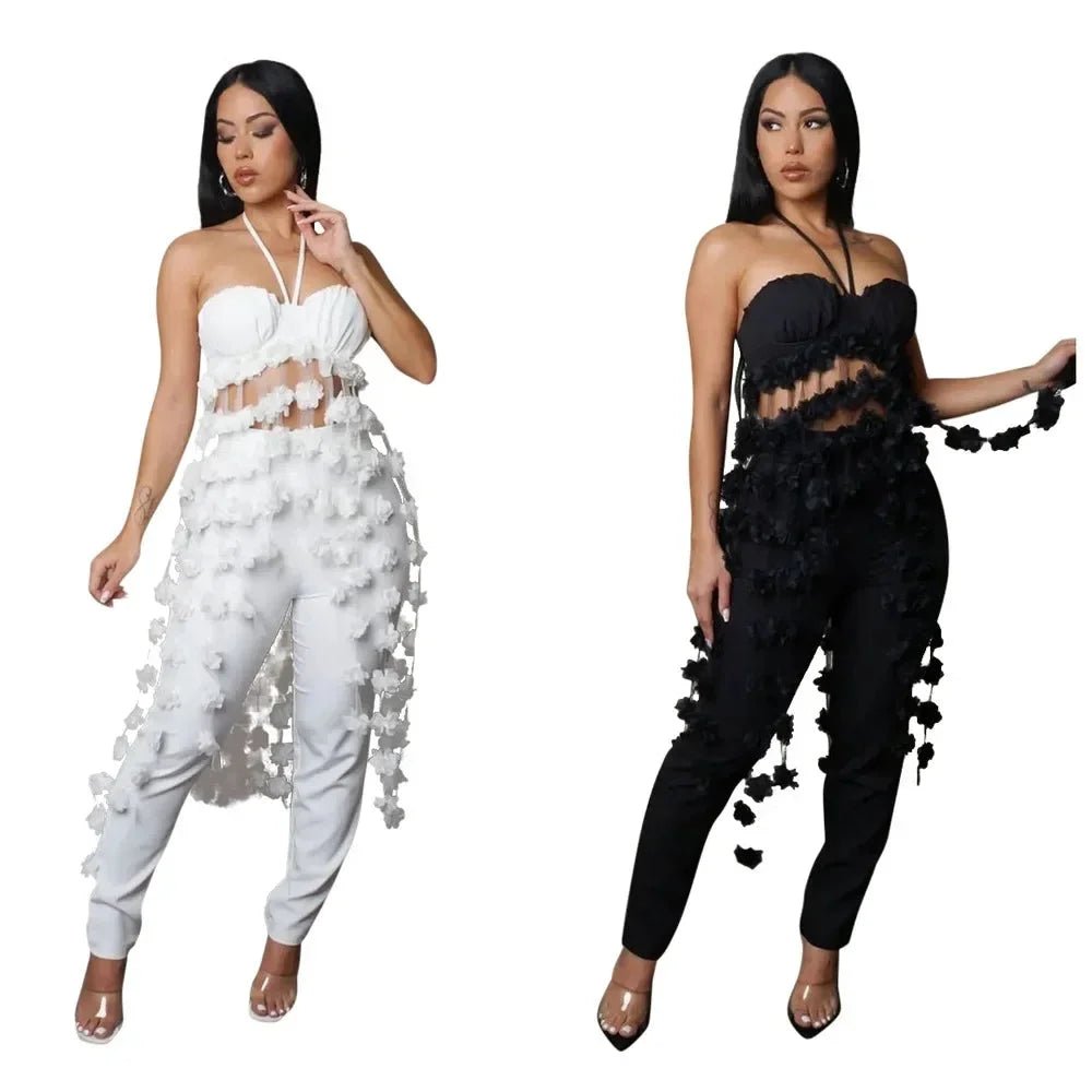 Floral Tassel Halter Tracksuit Set - HalleBeauty