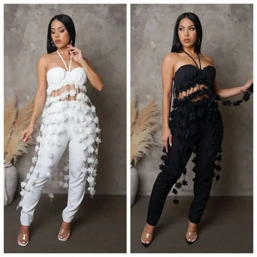 Floral Tassel Halter Tracksuit Set - HalleBeauty