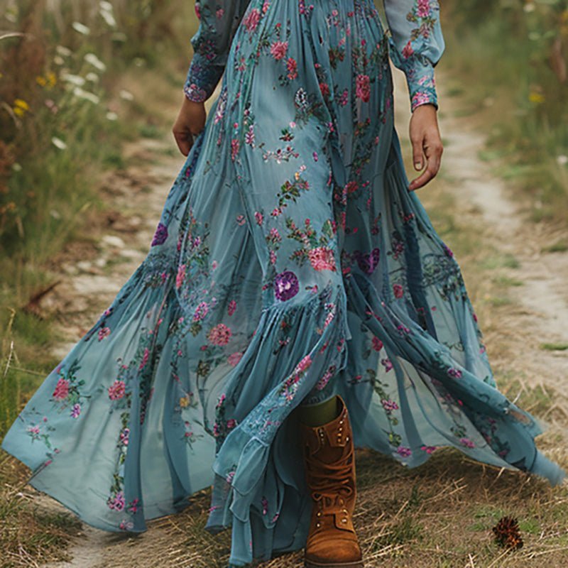 Floral V - Neck Boho Maxi Dress – Breathable, Free Size & Festival - Ready - HalleBeauty