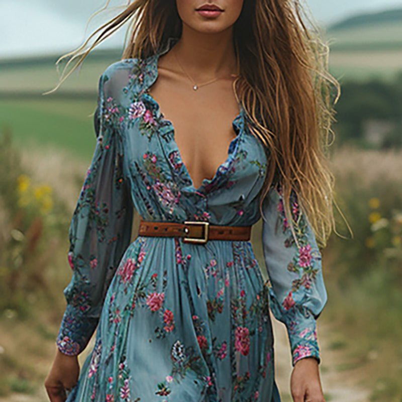 Floral V - Neck Boho Maxi Dress – Breathable, Free Size & Festival - Ready - HalleBeauty